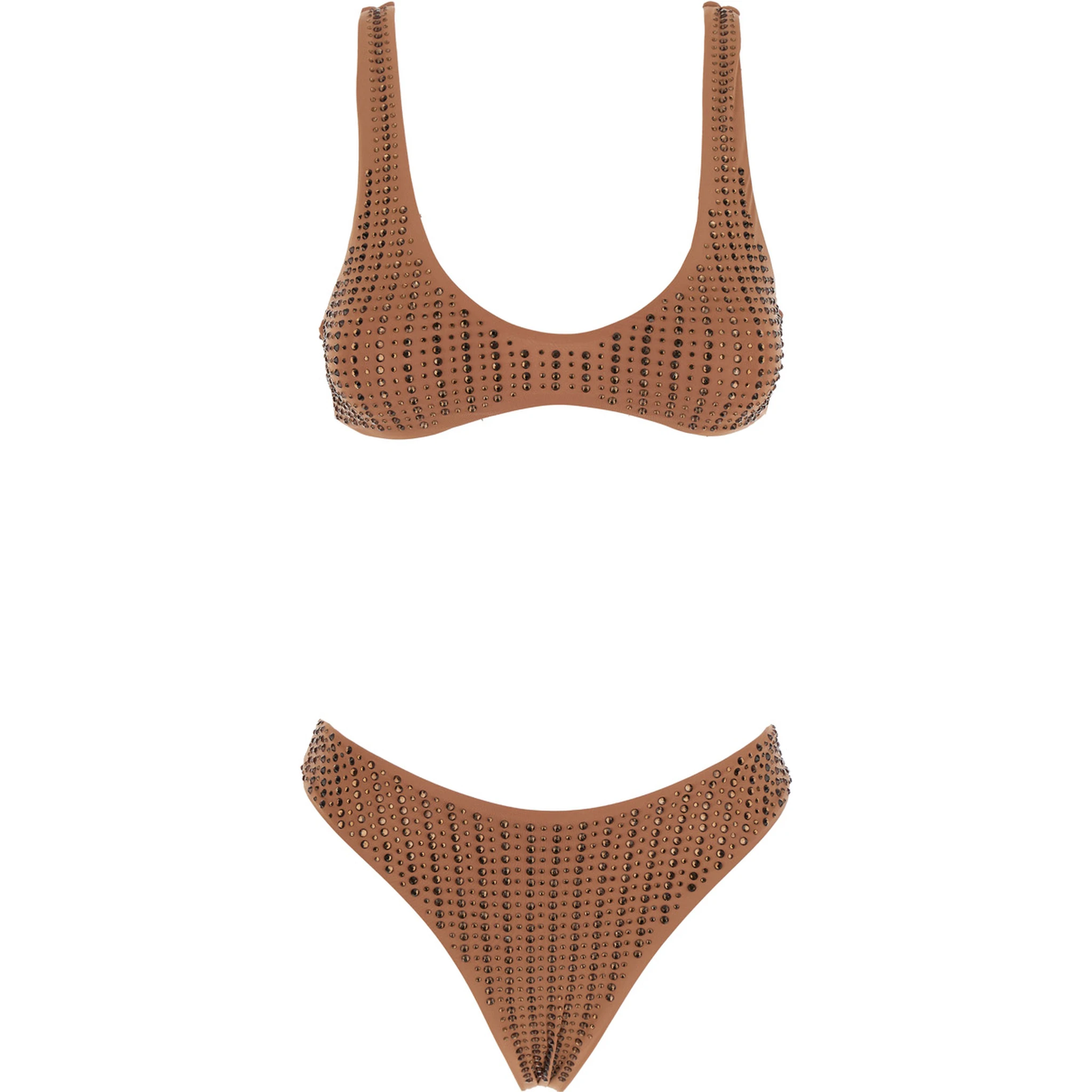 Brown Bikini with Stud Embellishments in Tech Fabric Stretch Woman