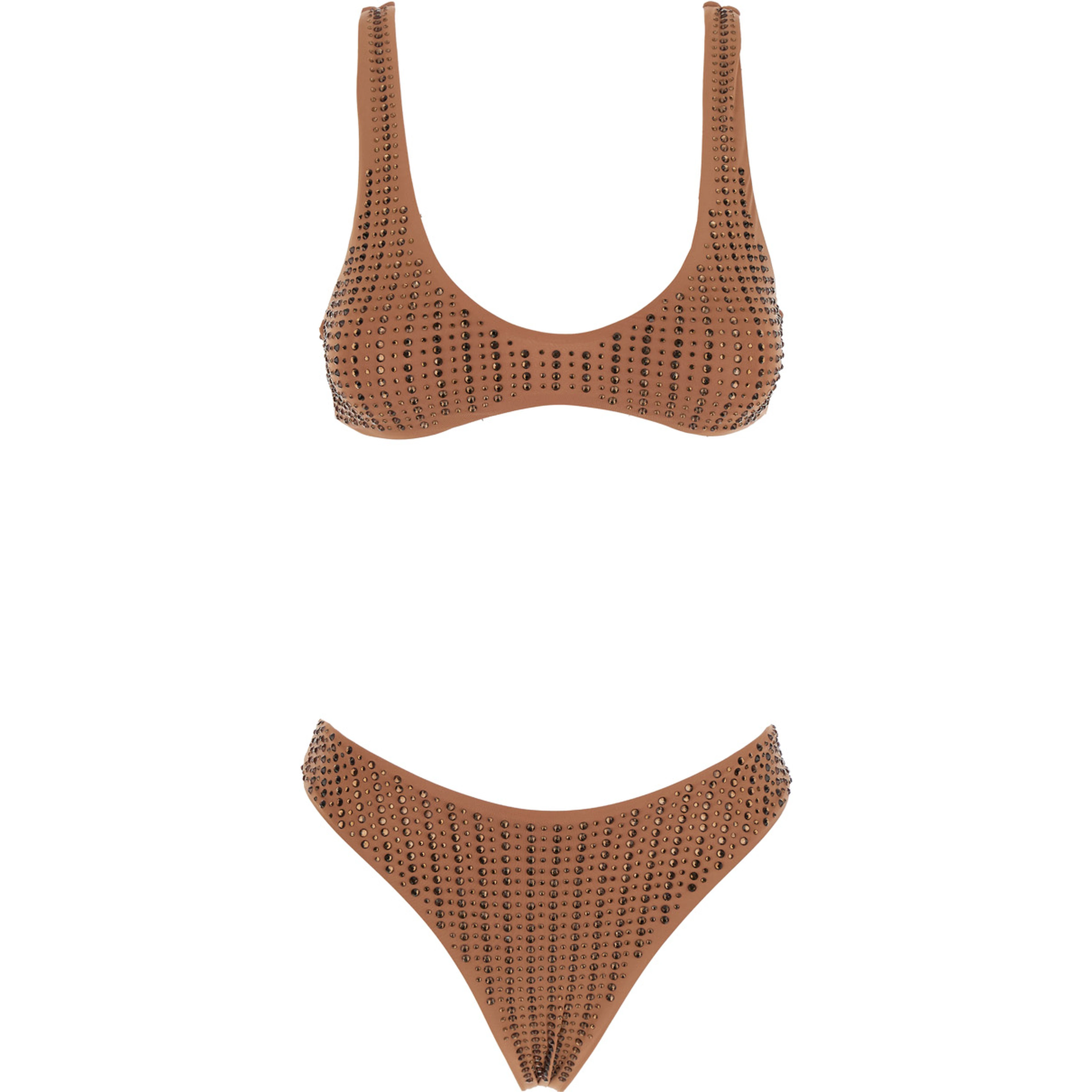 Brown Bikini with Stud Embellishments in Tech Fabric Stretch Woman