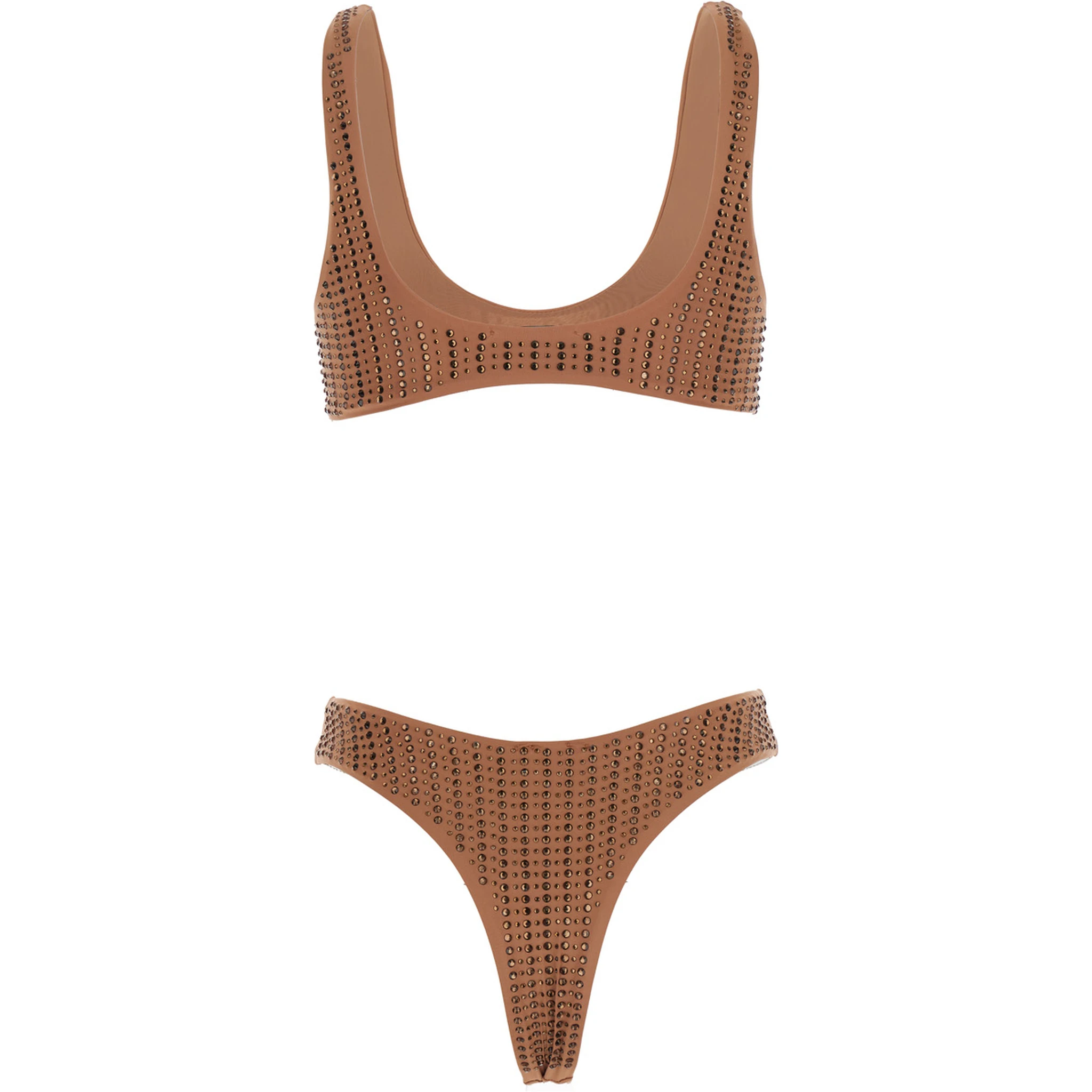 Brown Bikini with Stud Embellishments in Tech Fabric Stretch Woman