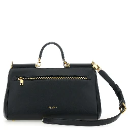Black Handbag with Padlock Detail and Adjustable and Removable Shoulder Strap in Leather Woman