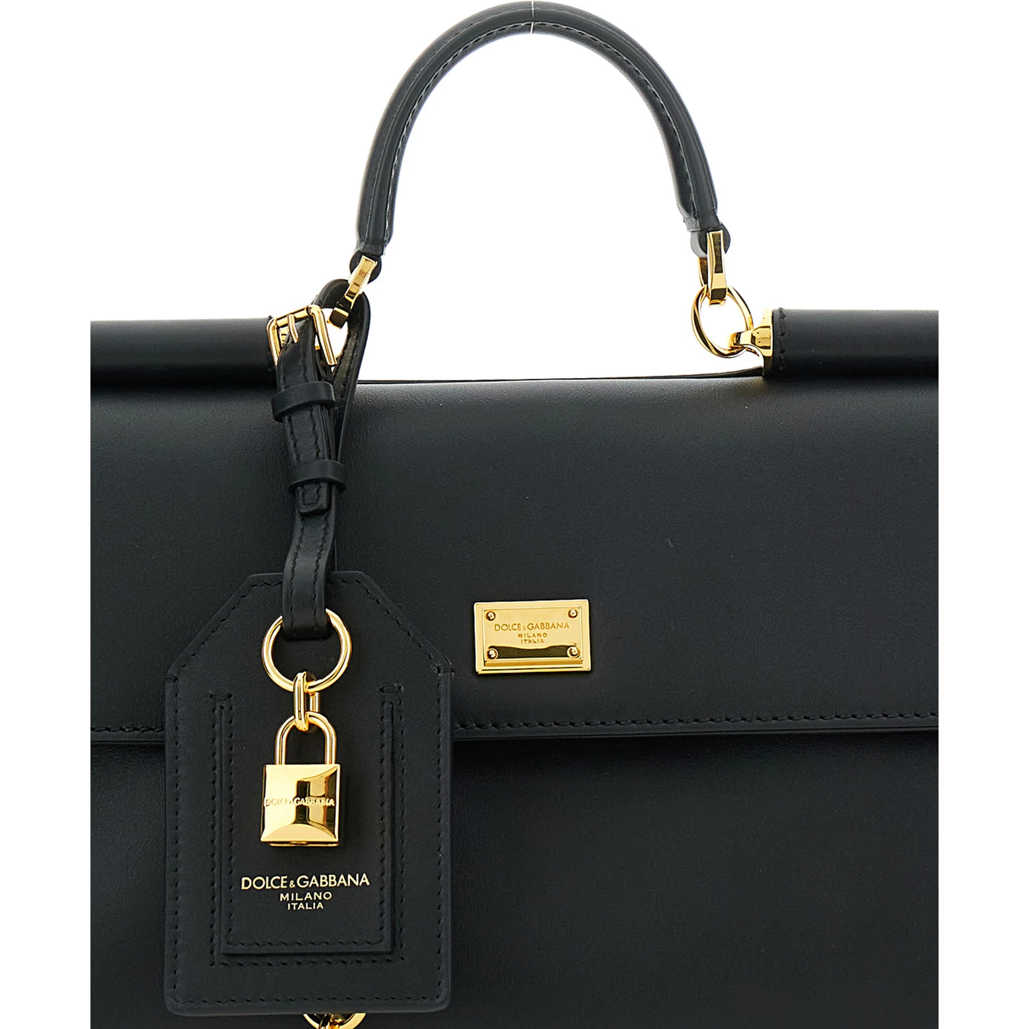 Black Handbag with Padlock Detail and Adjustable and Removable Shoulder Strap in Leather Woman