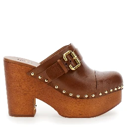 Jeanette Brown Wedge Clog in Leather and Wool Woman