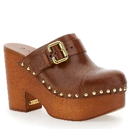 Jeanette Brown Wedge Clog in Leather and Wool Woman