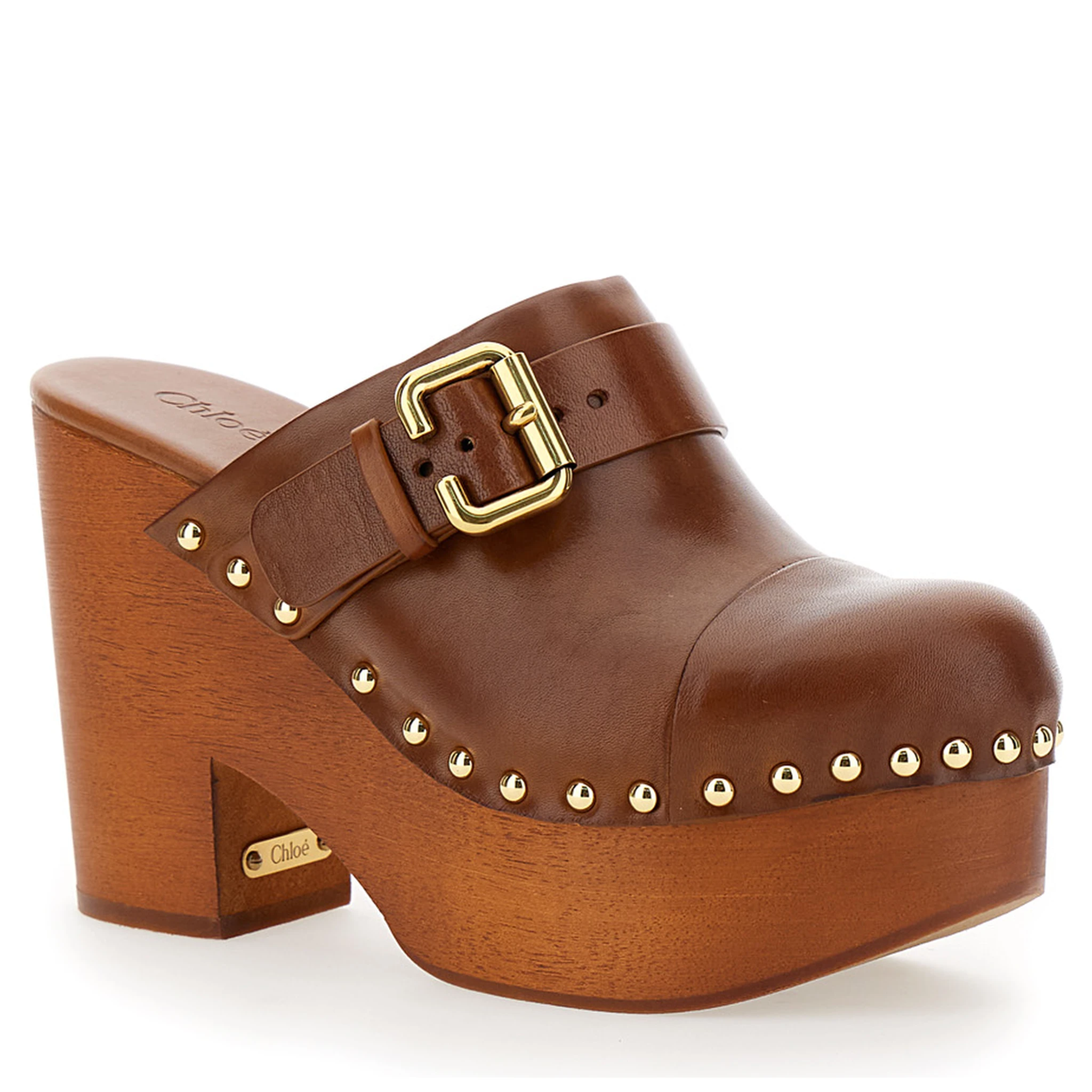 Jeanette Brown Wedge Clog in Leather and Wool Woman
