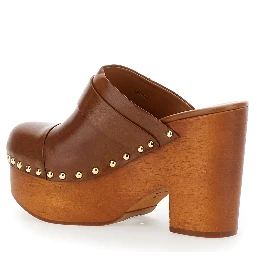 Jeanette Brown Wedge Clog in Leather and Wool Woman