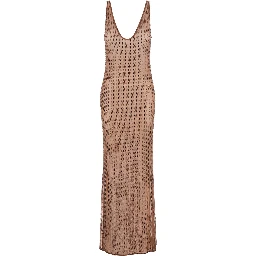 Malibu Brown Dress with V Neck and All-Over Crystal Embellishments in Tech Fabric Stretch Woman