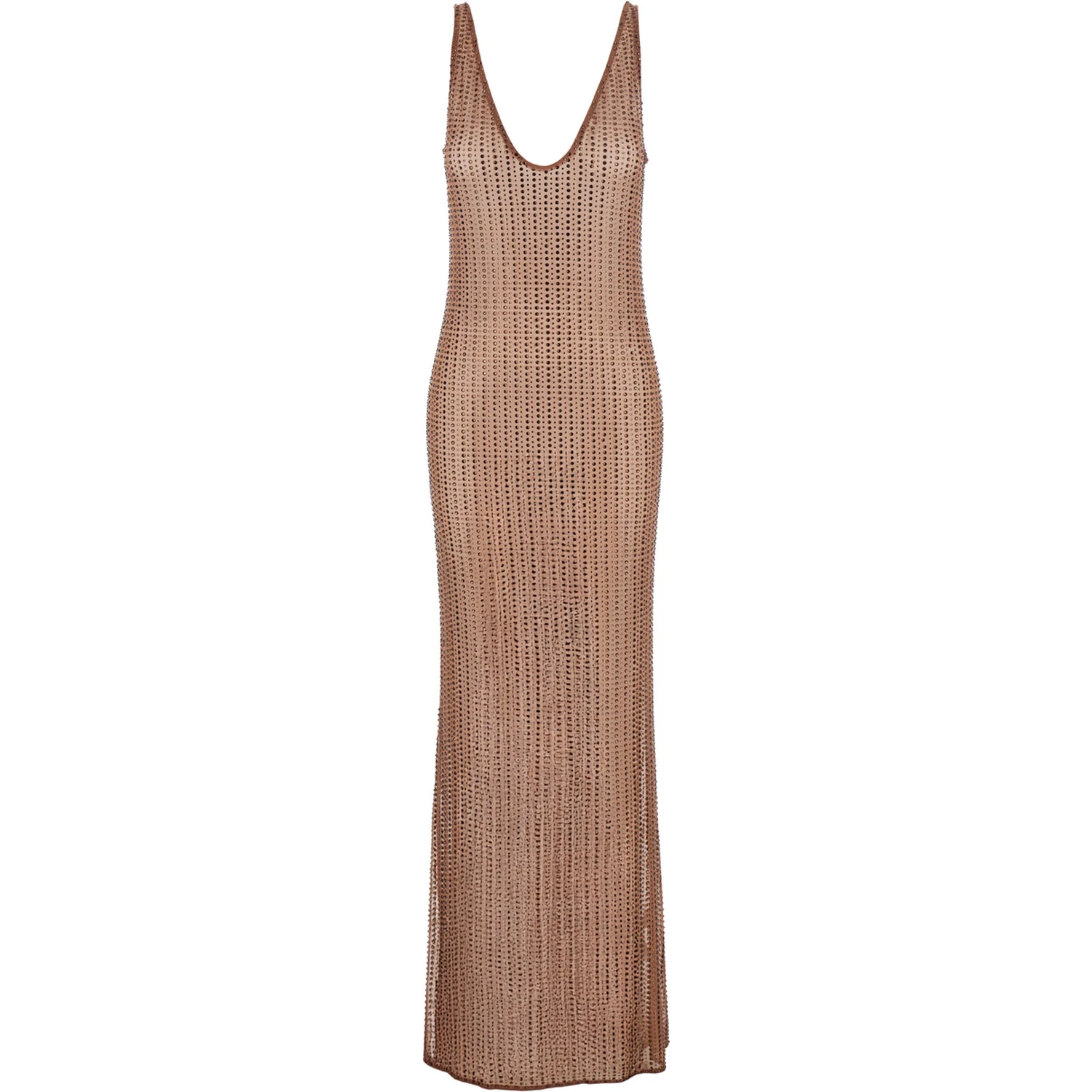Malibu Brown Dress with V Neck and All-Over Crystal Embellishments in Tech Fabric Stretch Woman