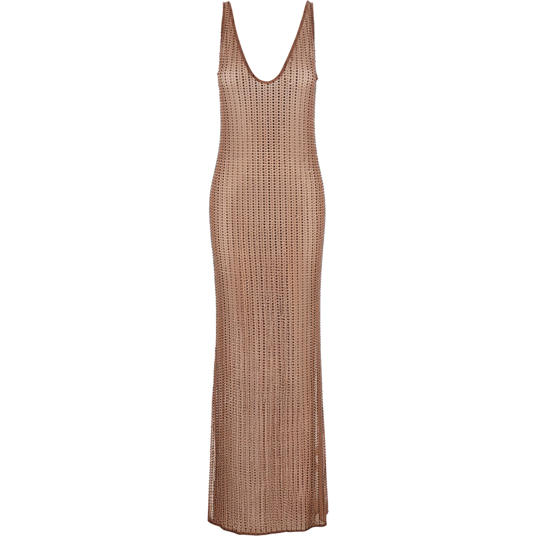 Malibu Brown Dress with V Neck and All-Over Crystal Embellishments in Tech Fabric Stretch Woman