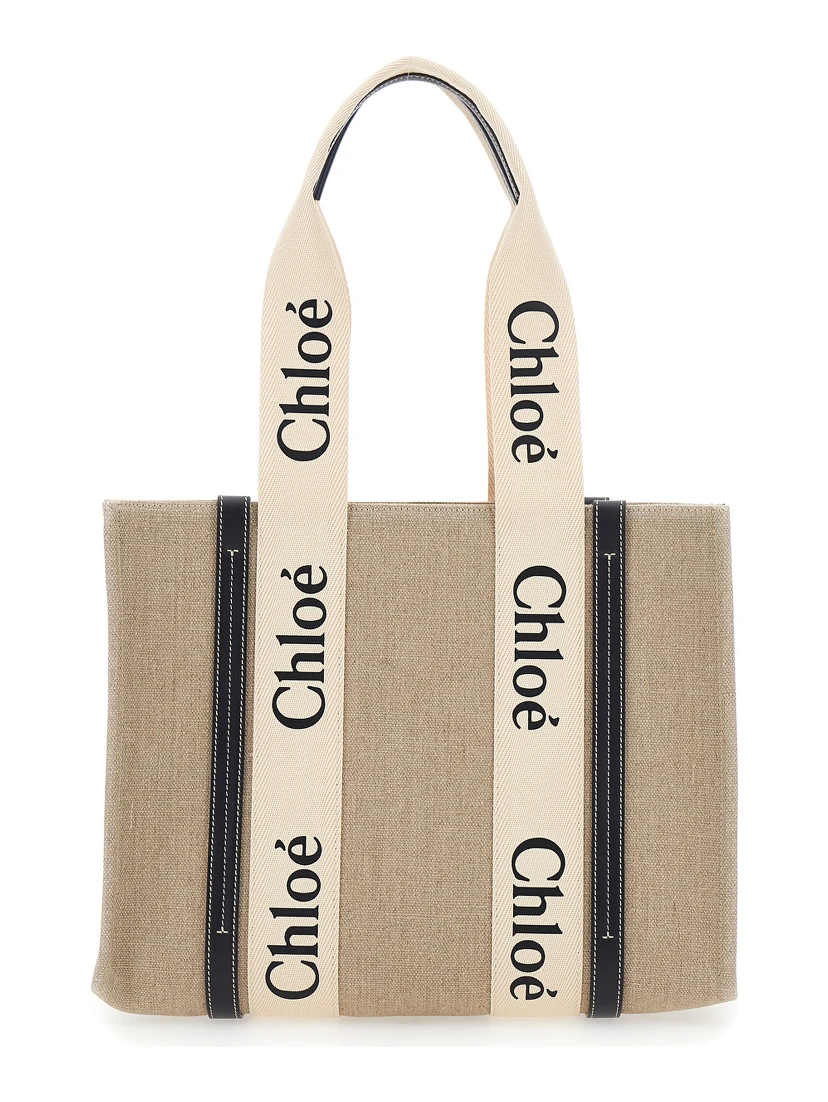 Medium Woody Beige Handbag with Logo Lettering on the Front in Linen Woman