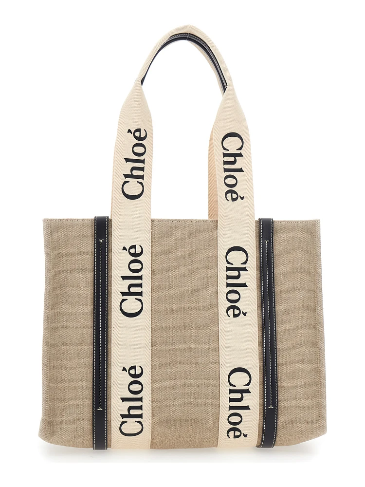 Medium Woody Beige Handbag with Logo Lettering on the Front in Linen Woman alternative