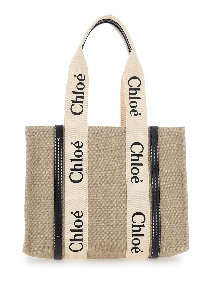 Medium Woody Beige Handbag with Logo Lettering on the Front in Linen Woman