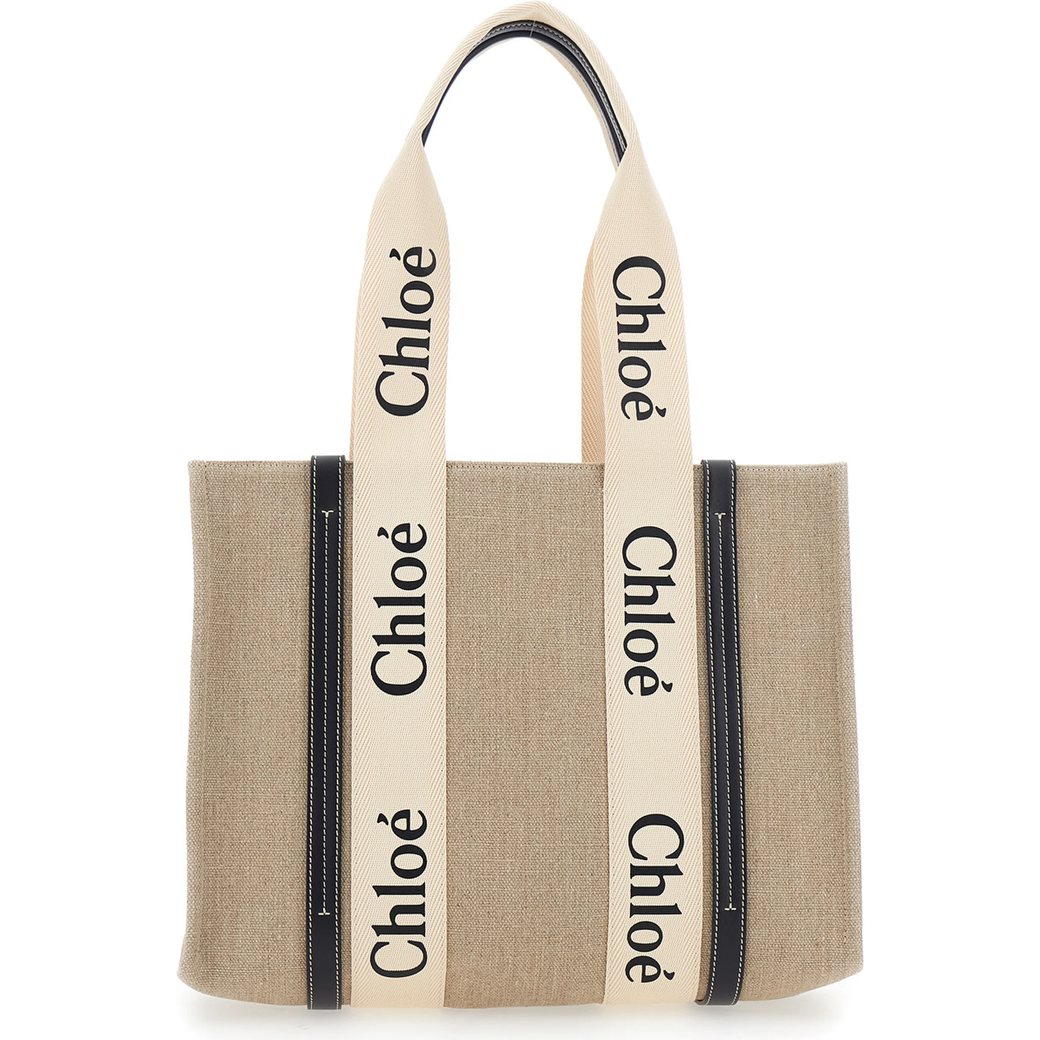 حقيبة يد متوسطة الحجم بلون بيج خشبي مزينة بشعار مكتوب في الأمام، مصنوعة من الكتان، للنساء