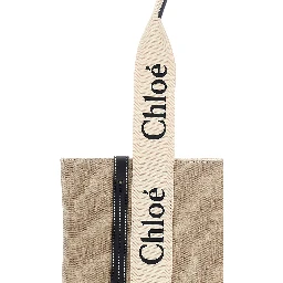 حقيبة يد متوسطة الحجم بلون بيج خشبي مزينة بشعار مكتوب في الأمام، مصنوعة من الكتان، للنساء