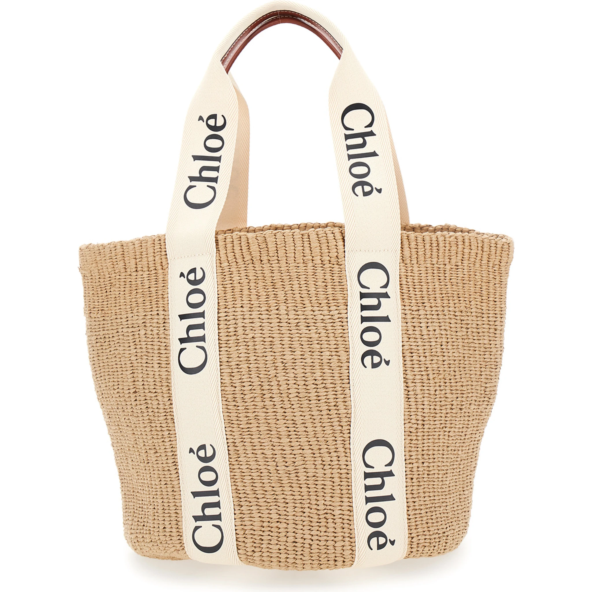 حقيبة تسوق وودي بيج بحزام كتف مزين بشعار، مصنوعة من ألياف طبيعية منسوجة، للنساء