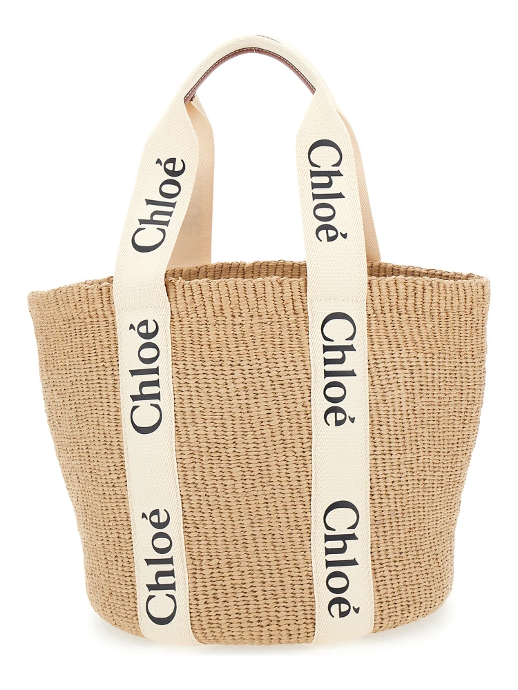 Woody Beige Shoper with with Logoed Shoulder Strap in in Woven Natural Fibers Woman alternative