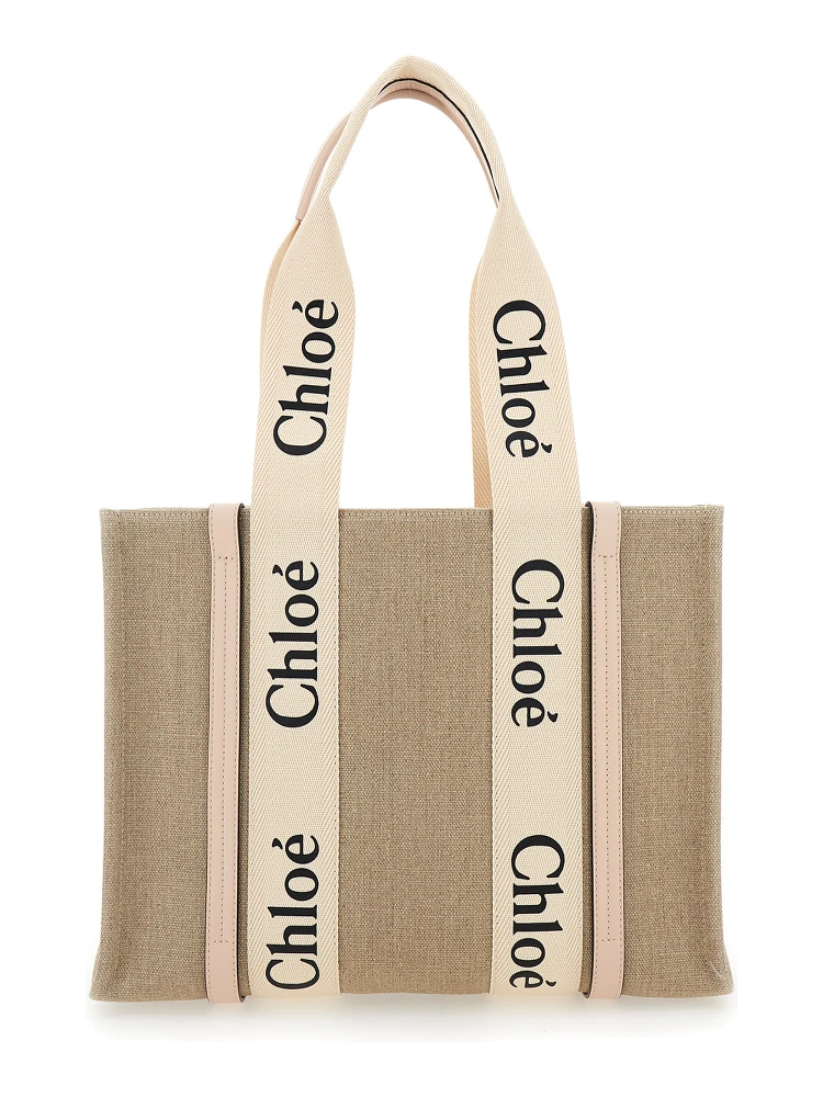 Medium Woody Beige Handbag with Logo in Canvas Woman