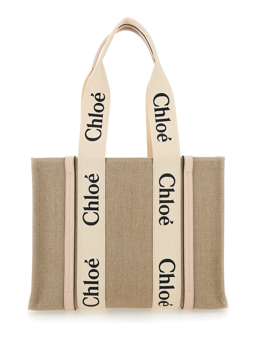 Medium Woody Beige Handbag with Logo in Canvas Woman