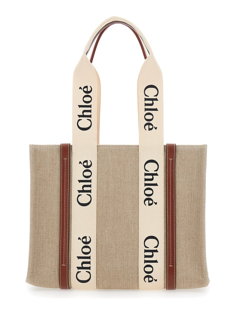 Medium Woody Beige Handbag with Logo Lettering on the Front in Linen Woman