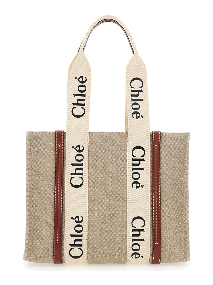 Medium Woody Beige Handbag with Logo Lettering on the Front in Linen Woman alternative