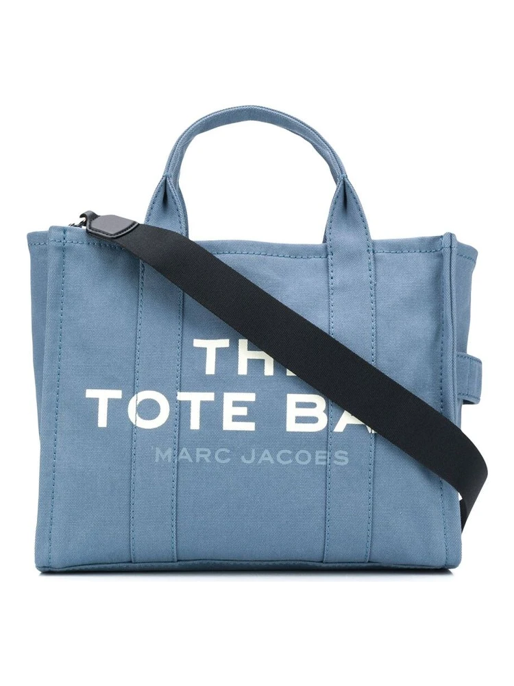 Light Blue Canvas Traveler Tote Handbag with Logo Print