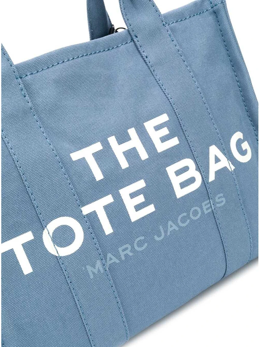 Light Blue Canvas Traveler Tote Handbag with Logo Print