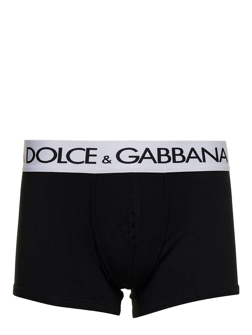 Black Boxer Briefs with Branded Waistband in Stretch Cotton Man