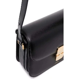 Grance Black Small Crossbody Bag wirh Embossed Logo Lettering on the Front and Adjustable Shoulder Strap in Leather Woman