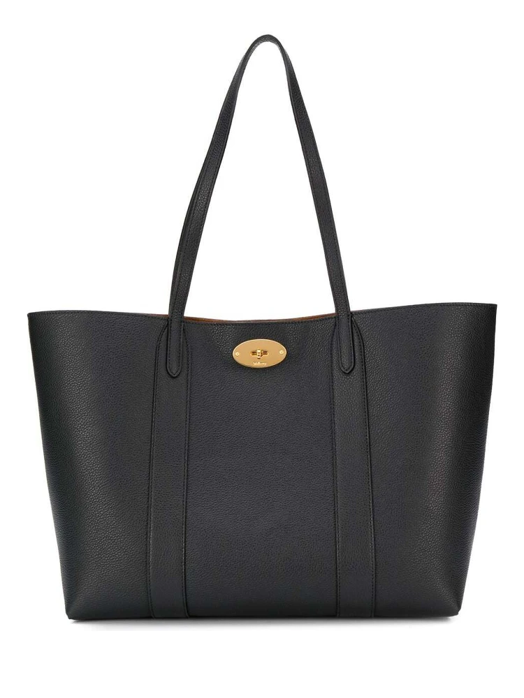 Black Tote Bag with Front Turn-Lock Closure and and Two Top Handles in Leather Woman