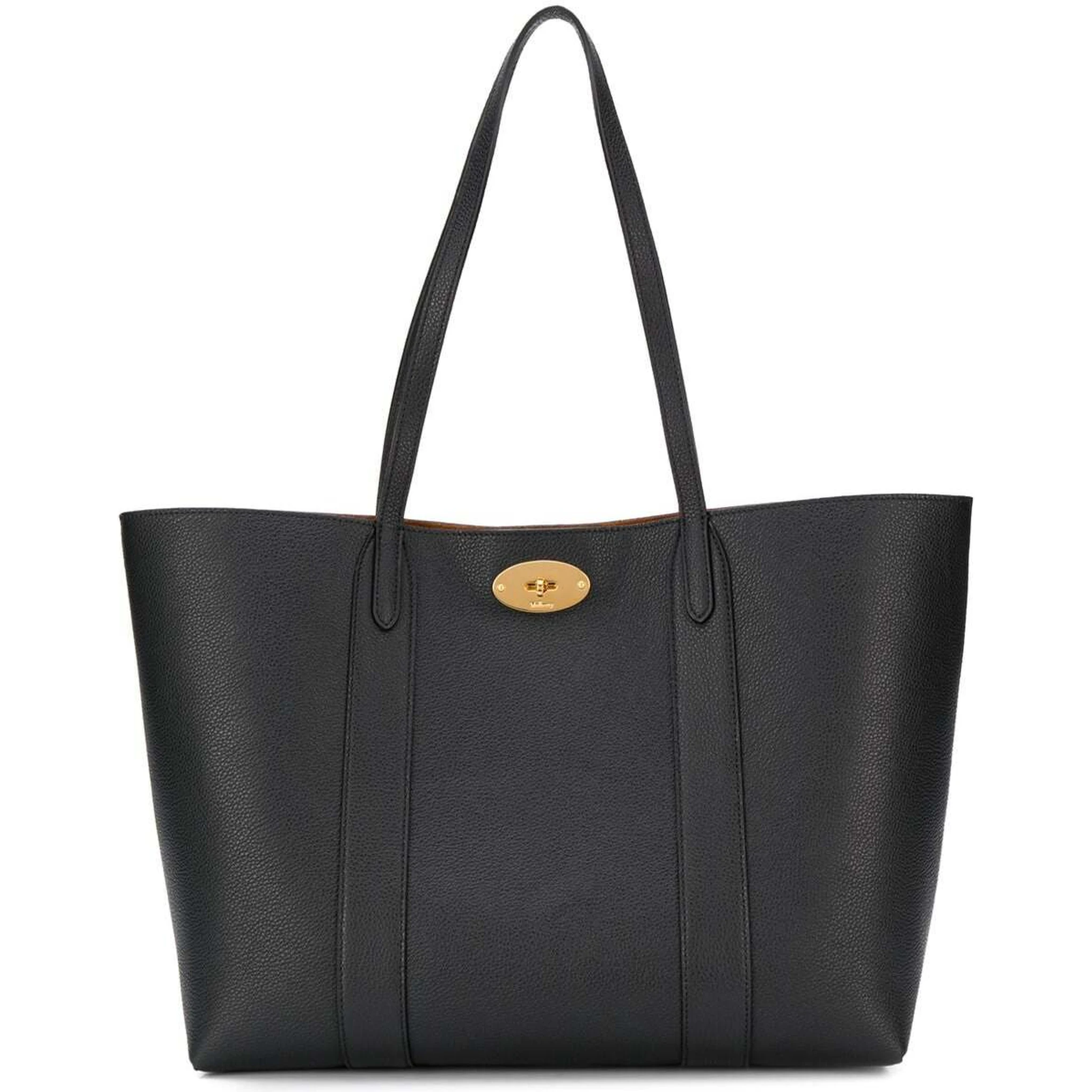 Black Tote Bag with Front Turn-Lock Closure and and Two Top Handles in Leather Woman