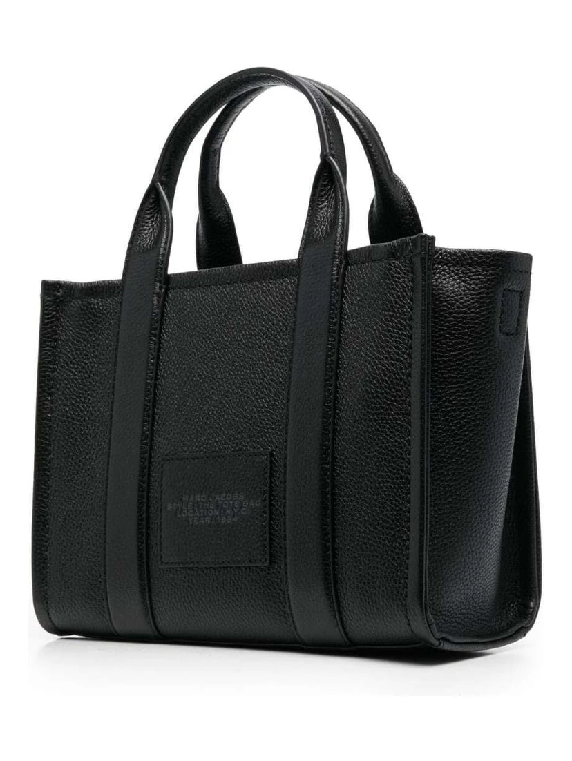 The Mini Tote Bag Black Shoulder Bag with Logo in Grainy Leather Woman