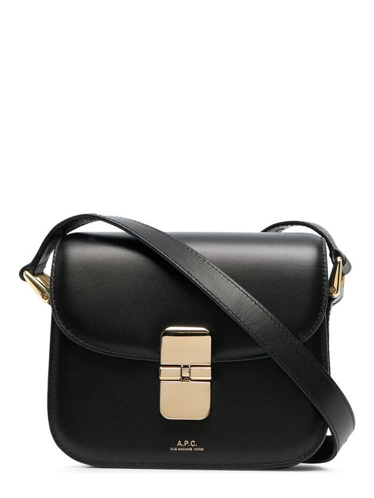 Grace Black Mini Crossbody Bag with Adjustable Shoulder Strap and Embossed Logo Lettering on the Front in Leather Woman