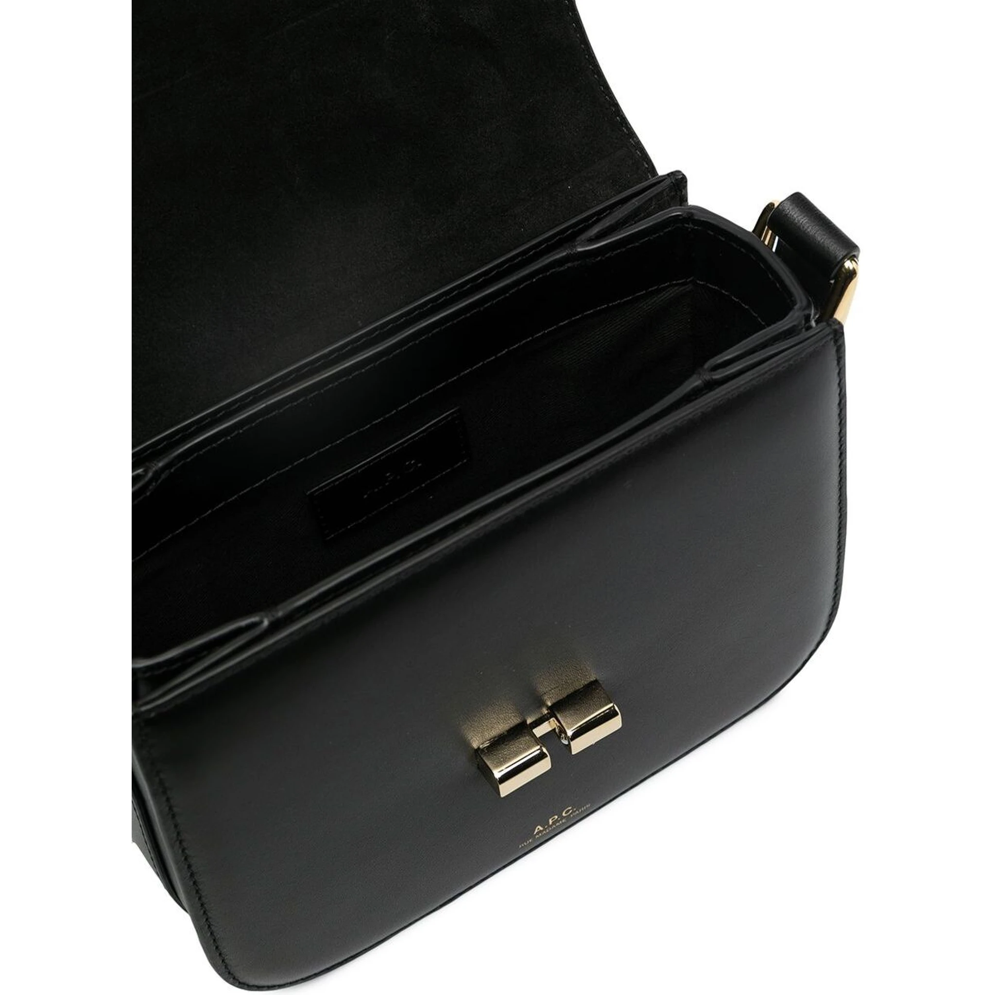 Grace Black Mini Crossbody Bag with Adjustable Shoulder Strap and Embossed Logo Lettering on the Front in Leather Woman