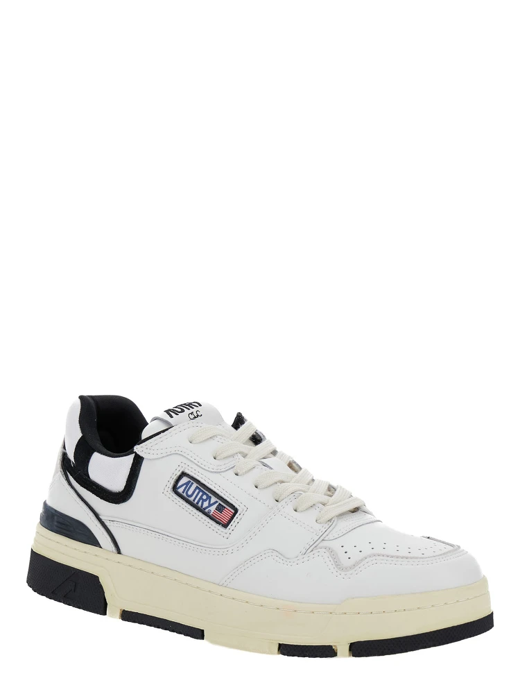 White Low Top Sneakers with Black Details and Logo Patch in Leather and Suede Man