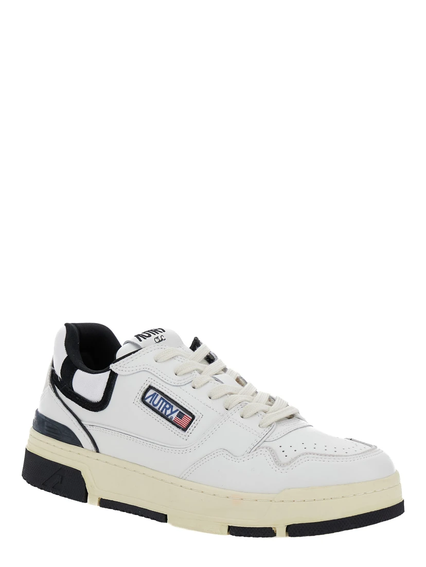 White Low Top Sneakers with Black Details and Logo Patch in Leather and Suede Man