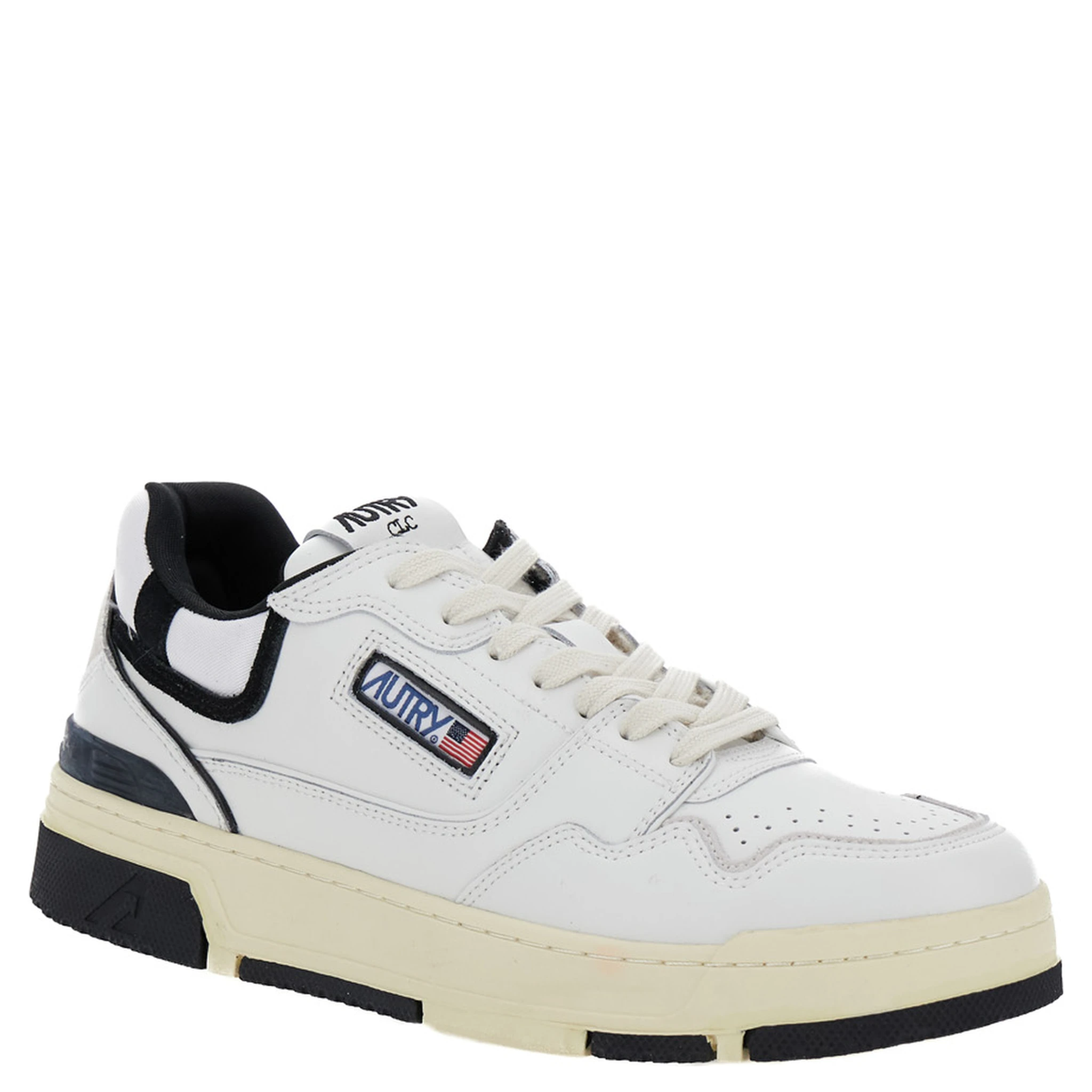 White Low Top Sneakers with Black Details and Logo Patch in Leather and Suede Man