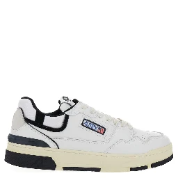 White Low Top Sneakers with Black Details and Logo Patch in Leather and Suede Man