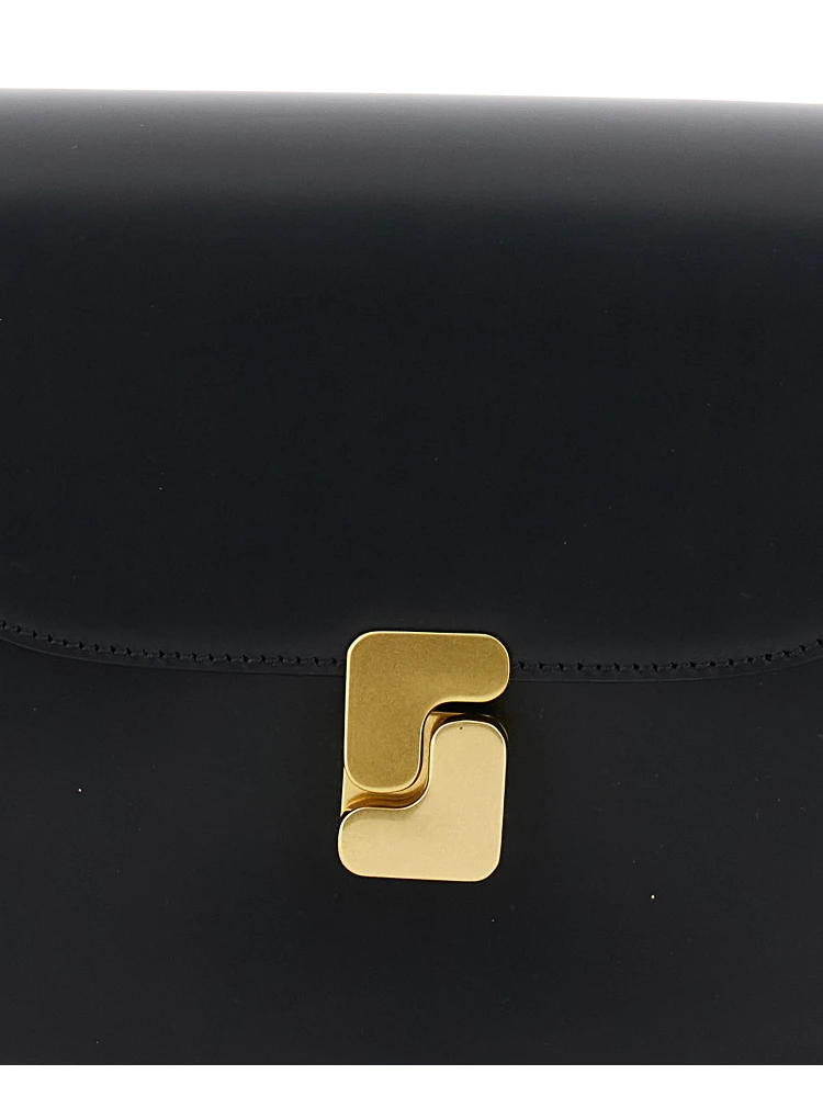 Bellissima Mini Black Crossbody Bag with Logo Detail on the Front in Leather Woman