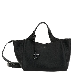 Black Handbag with Embossed Logo and T Timeless Charm in Grainy Leather Woman
