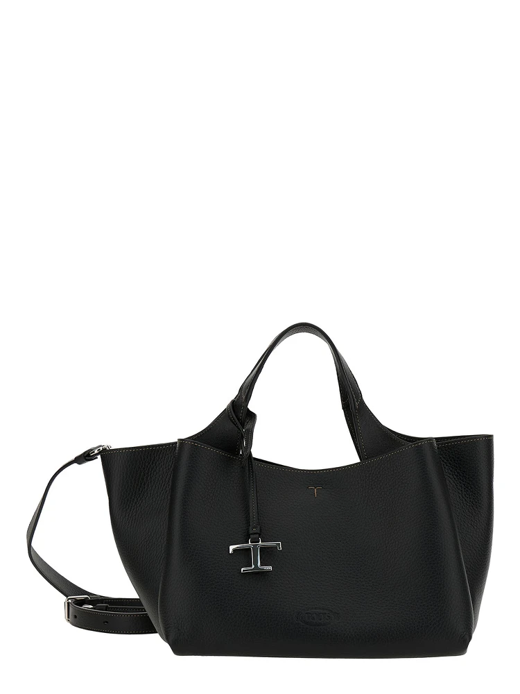 Black Handbag with Embossed Logo and T Timeless Charm in Grainy Leather Woman