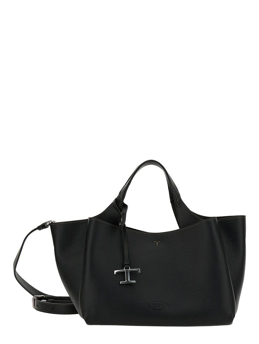 Black Handbag with Embossed Logo and T Timeless Charm in Grainy Leather Woman