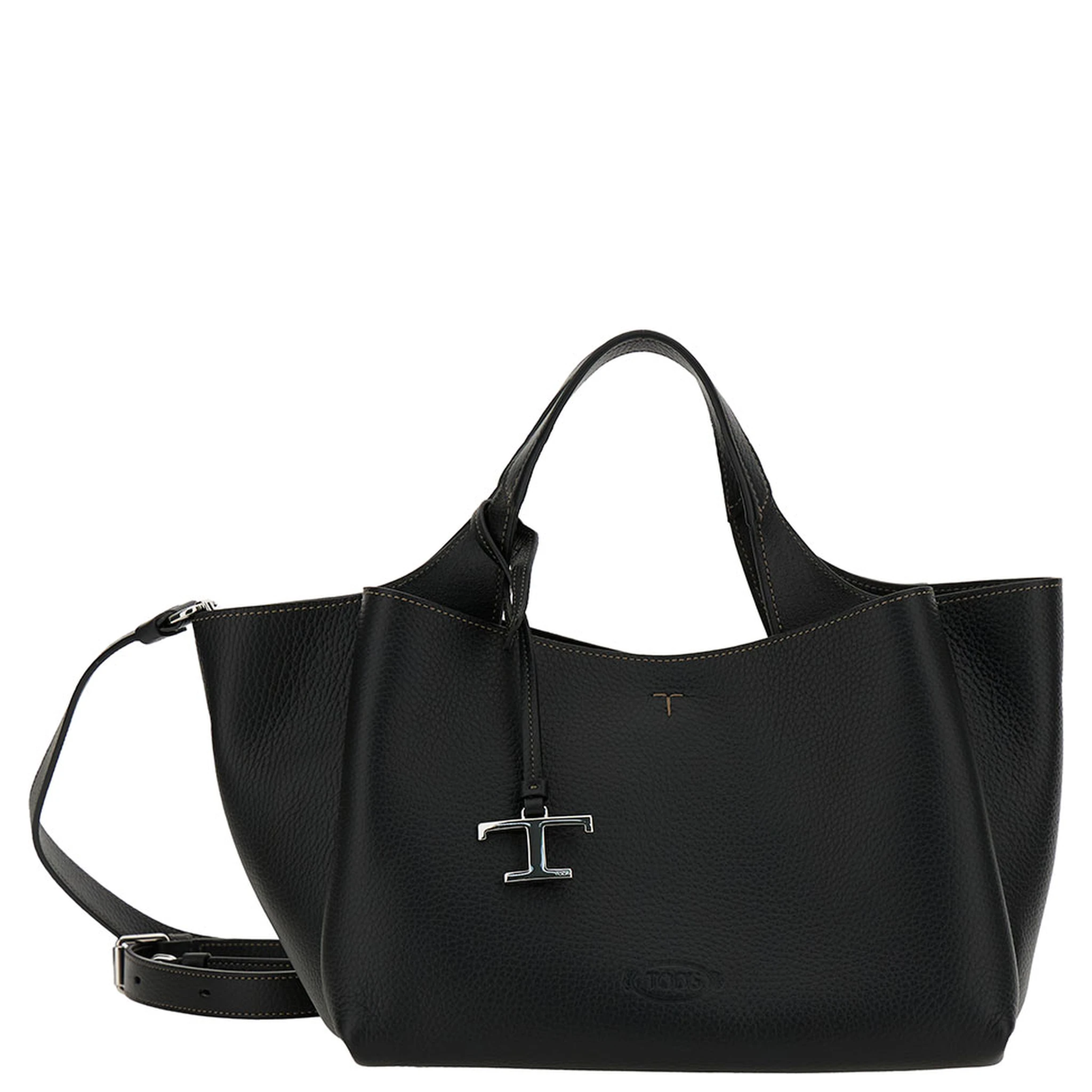 Black Handbag with Embossed Logo and T Timeless Charm in Grainy Leather Woman