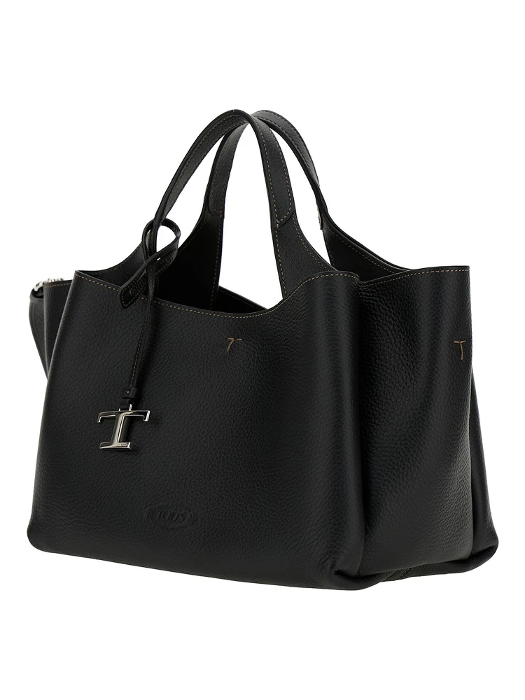 Black Handbag with Embossed Logo and T Timeless Charm in Grainy Leather Woman alternative