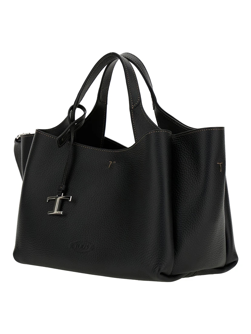 Black Handbag with Embossed Logo and T Timeless Charm in Grainy Leather Woman