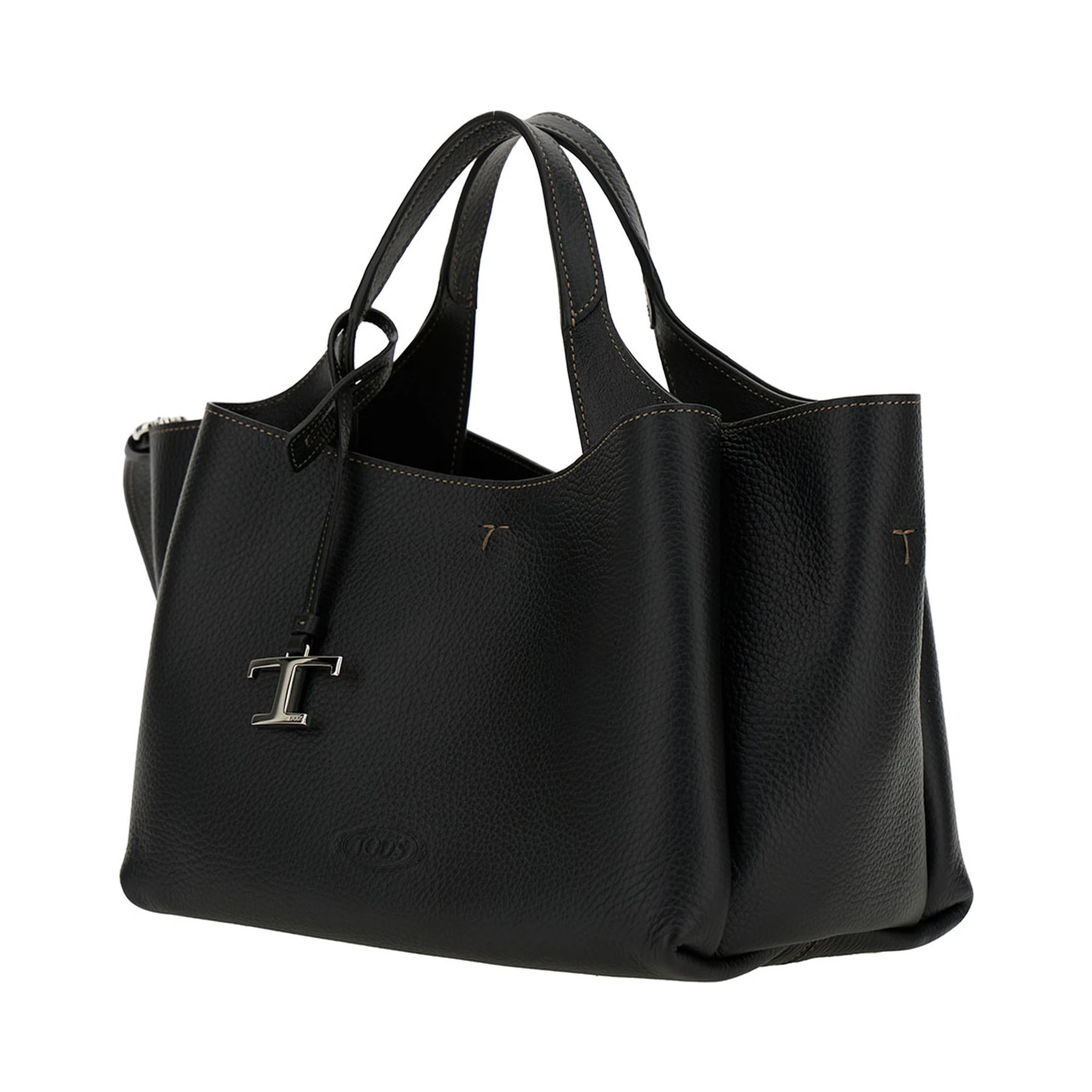 Black Handbag with Embossed Logo and T Timeless Charm in Grainy Leather Woman