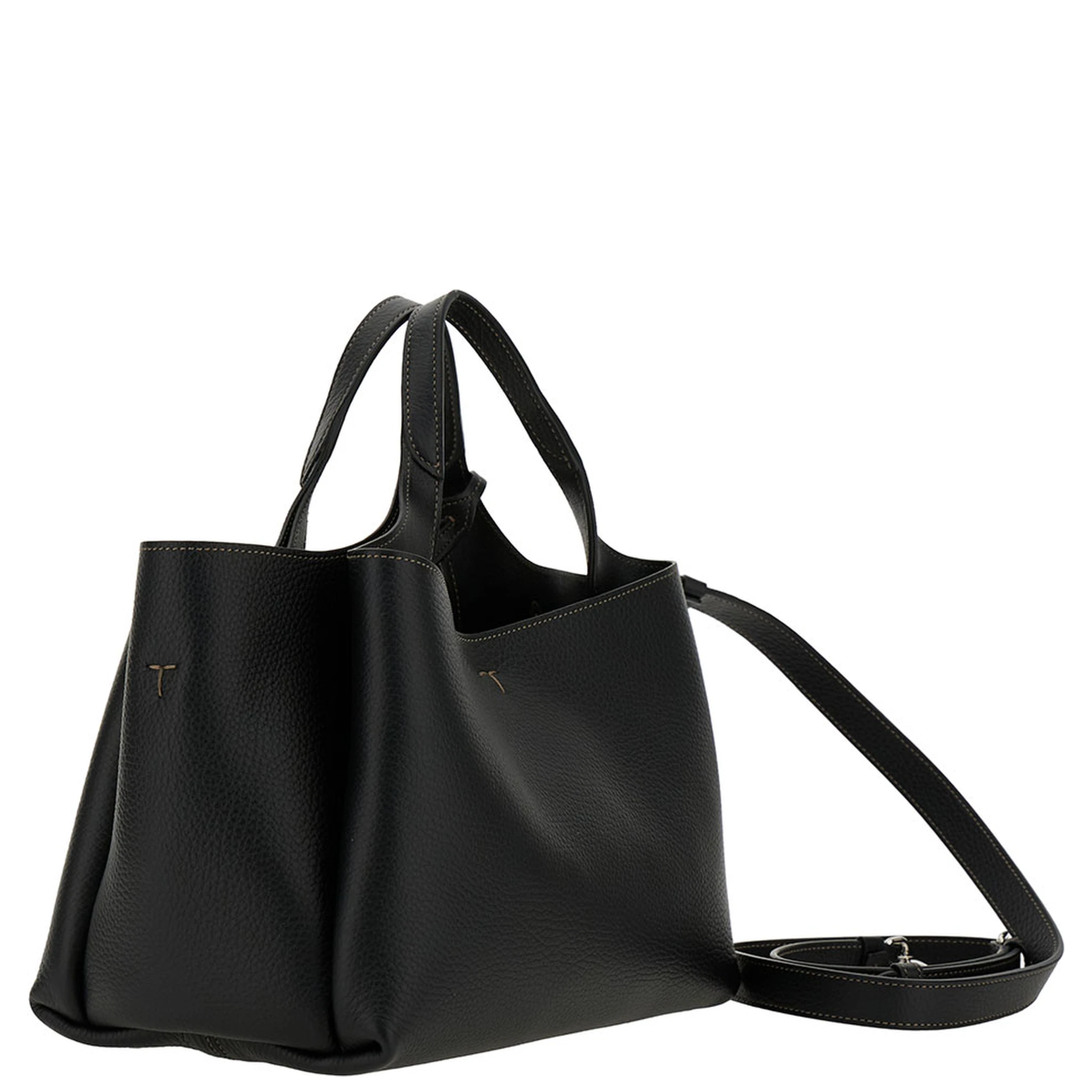 Black Handbag with Embossed Logo and T Timeless Charm in Grainy Leather Woman