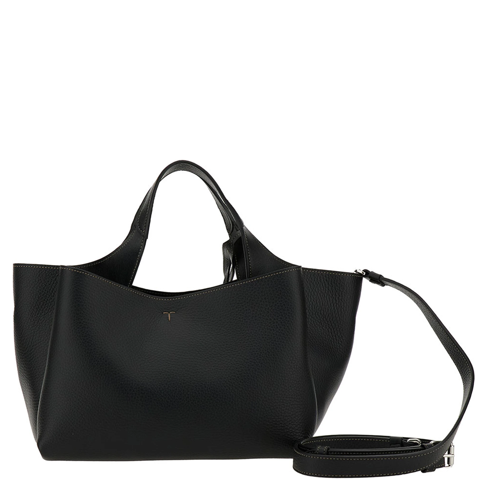 Black Handbag with Embossed Logo and T Timeless Charm in Grainy Leather Woman