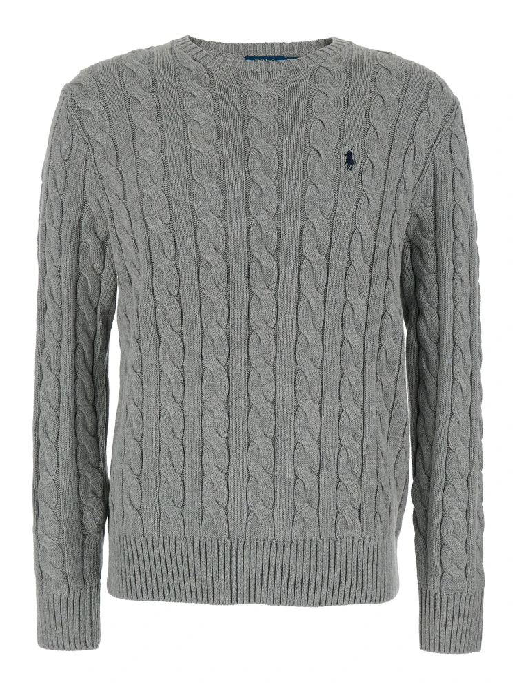 Grey Crewneck Sweater with Pony Embroidery on the Front and Woven Knit in Cotton Man