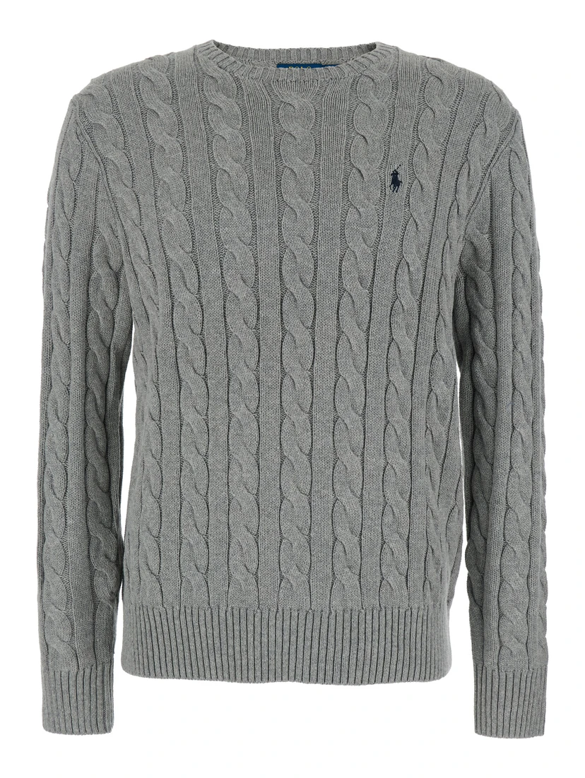 Grey Crewneck Sweater with Pony Embroidery on the Front and Woven Knit in Cotton Man