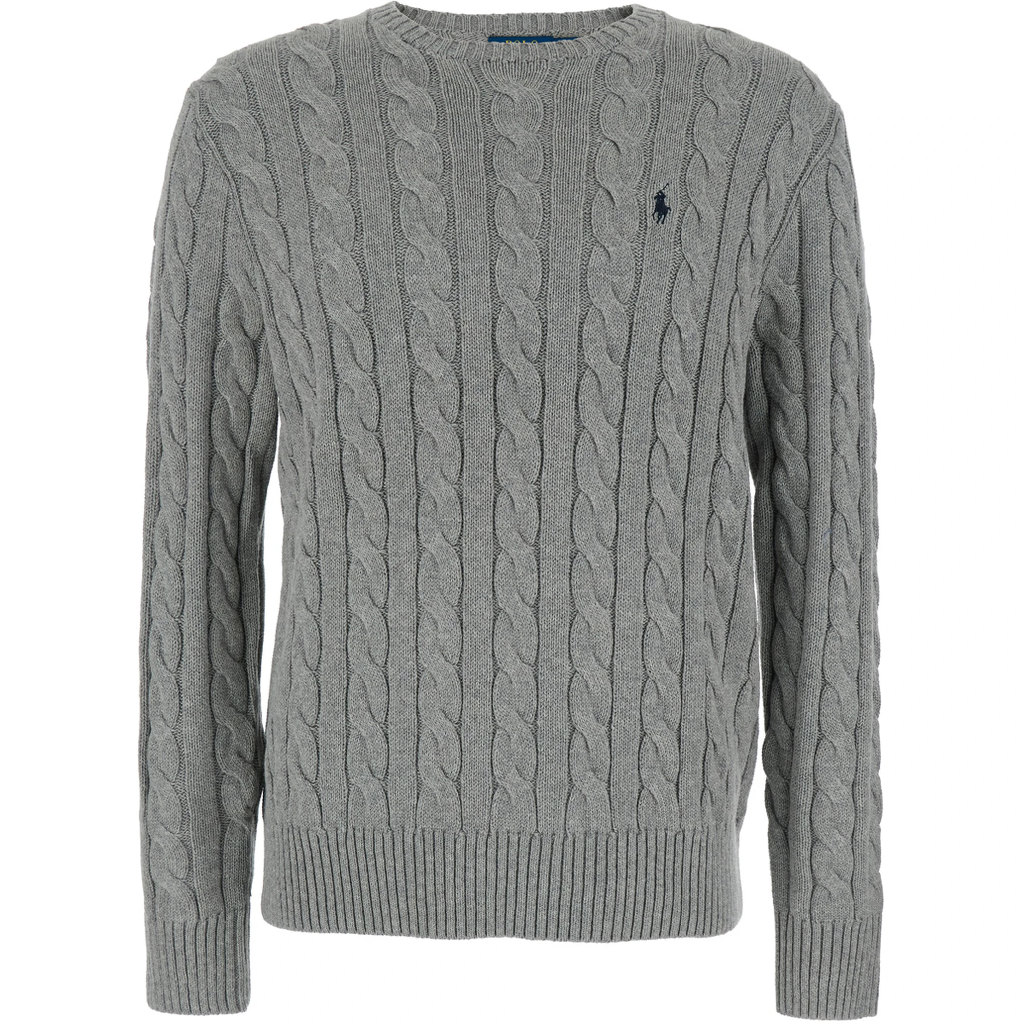 Grey Crewneck Sweater with Pony Embroidery on the Front and Woven Knit in Cotton Man
