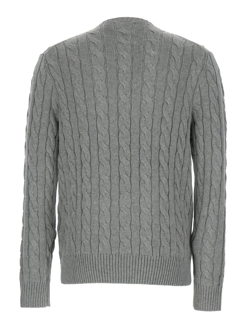 Grey Crewneck Sweater with Pony Embroidery on the Front and Woven Knit in Cotton Man